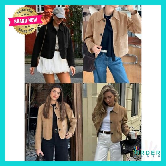 Faux Suede Cropped Jacket Vintage Button Down Shacket Chic Casual Y2K - Picture 7 of 8